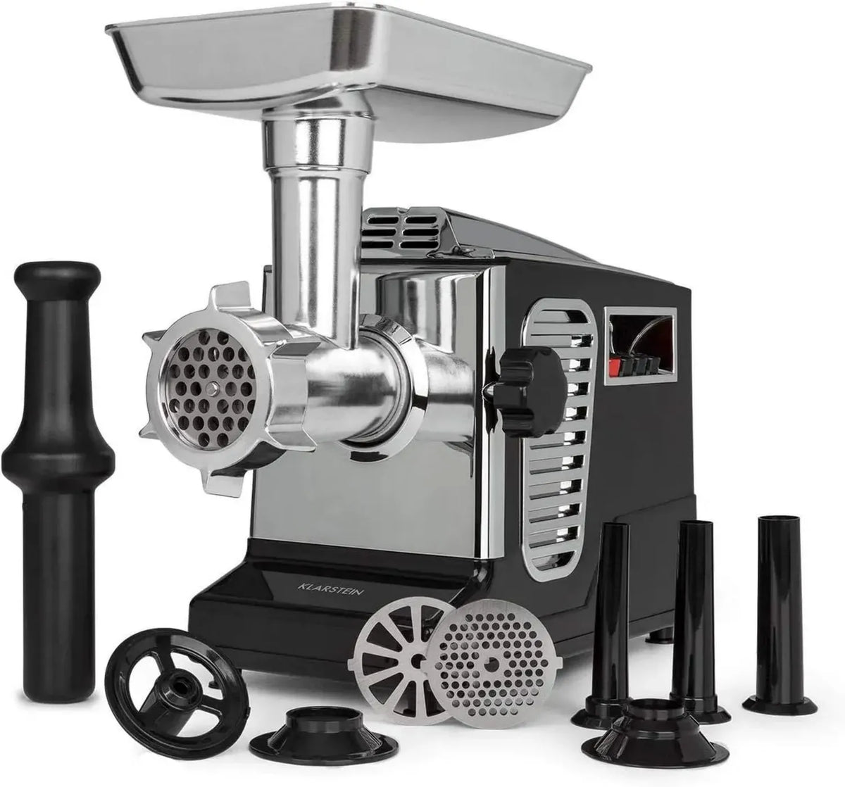 Tritacarne Elettrico Klarstein Kraftprotz, 700W con Motore in Rame, 1800W di Spunto, Doppia Velocità, Funzione Invert, Accessori Multipli, Design Nero/Argento