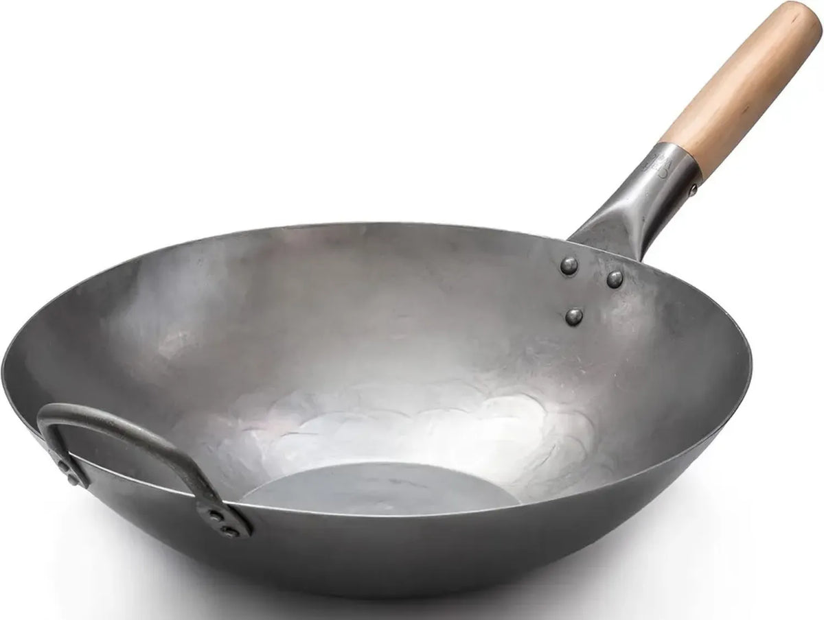 Padella Wok Artigianale in Acciaio al Carbonio con Manico in Legno e Acciaio, Fondo Piatto, 35,5 cm
