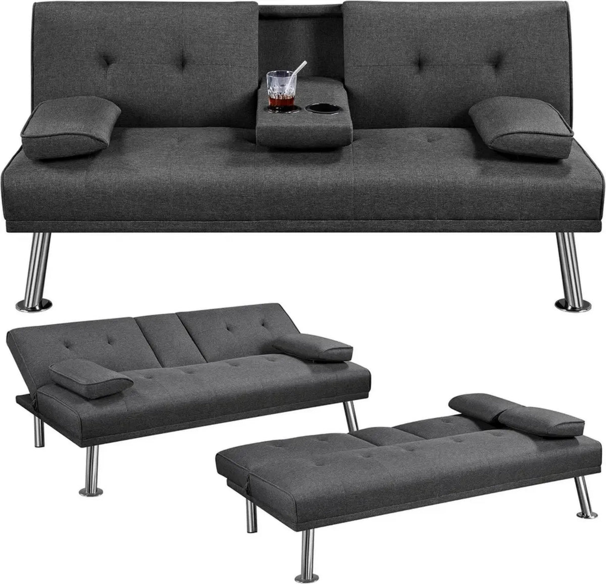Yaheetech Divano Letto 3 in 1 con Cuscini e Tavolino Integrato, Convertibile e Pieghevole, Grigio Scuro, 167 x 81,5 x 75 cm