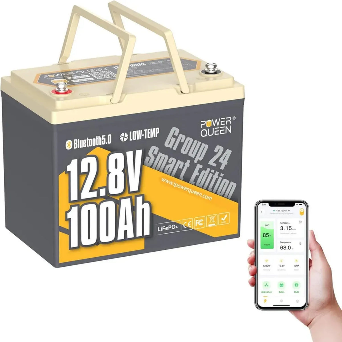 Batteria LiFePO4 Power Queen 12V 100Ah Bluetooth, protezione termica, BMS 100A, durata 10 anni, perfetta per camper e campeggio, confezione da 2