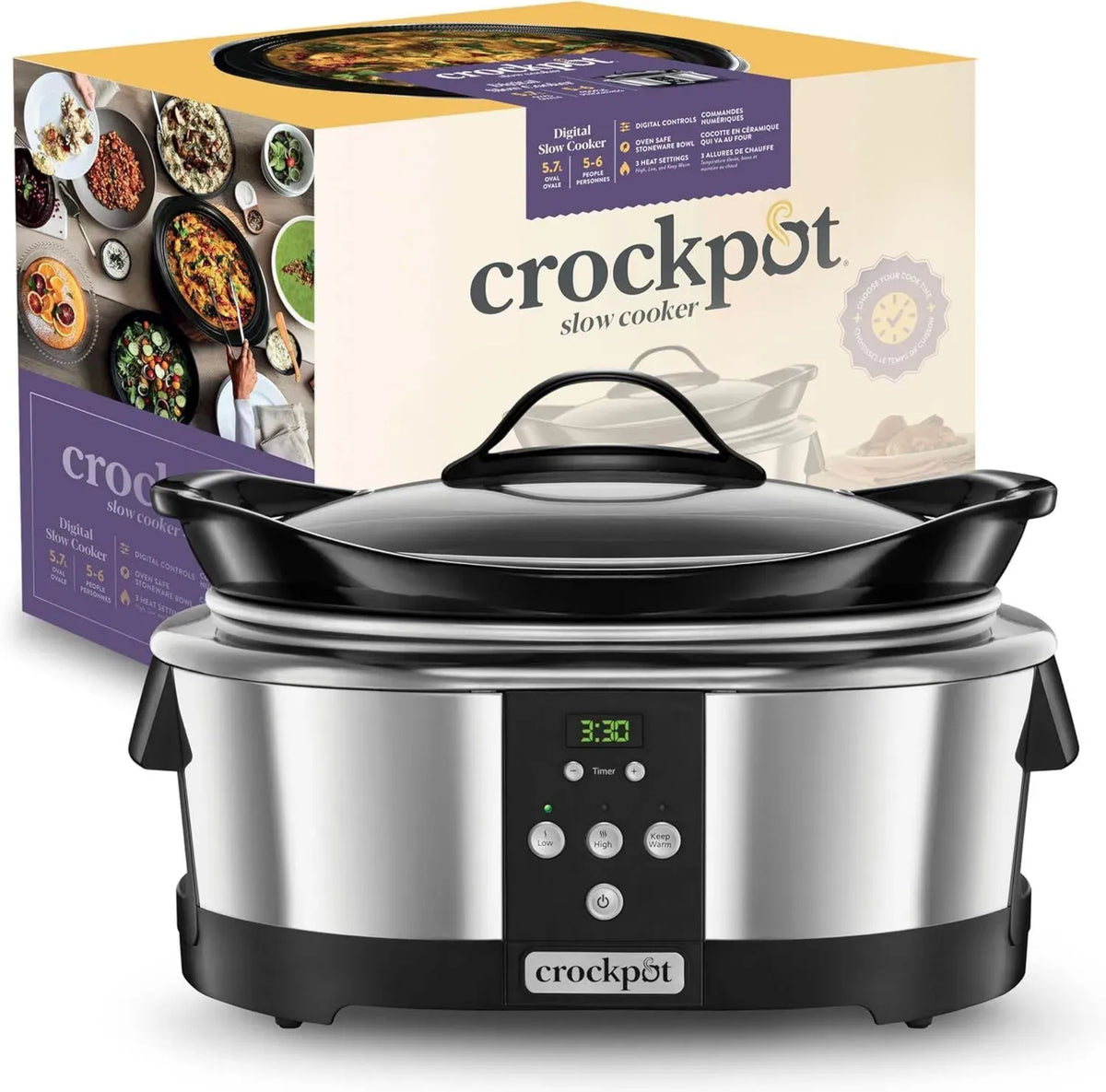 Pentola Slow Cooker Digitale Crock-Pot 5.7L per 8 Persone, 230W, Programmabile, Argento