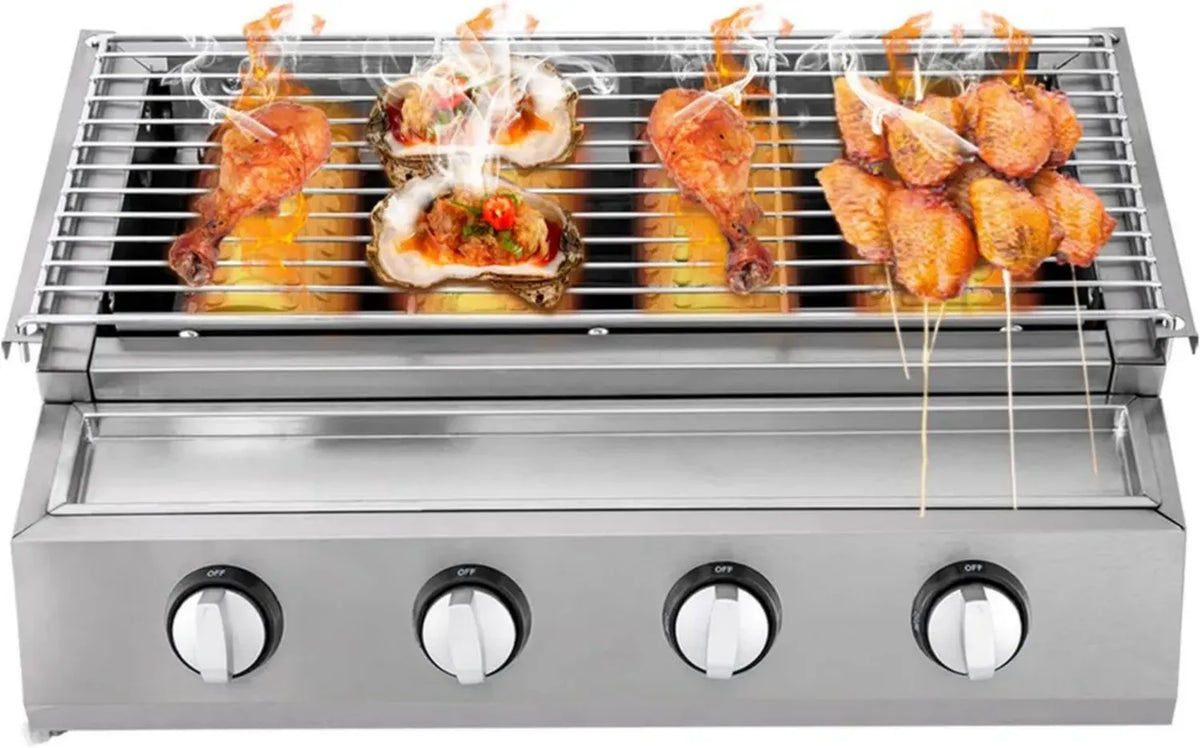 Grill a gas in acciaio inox con 4 bruciatori, altezza regolabile, compatibile GPL, griglia amovibile