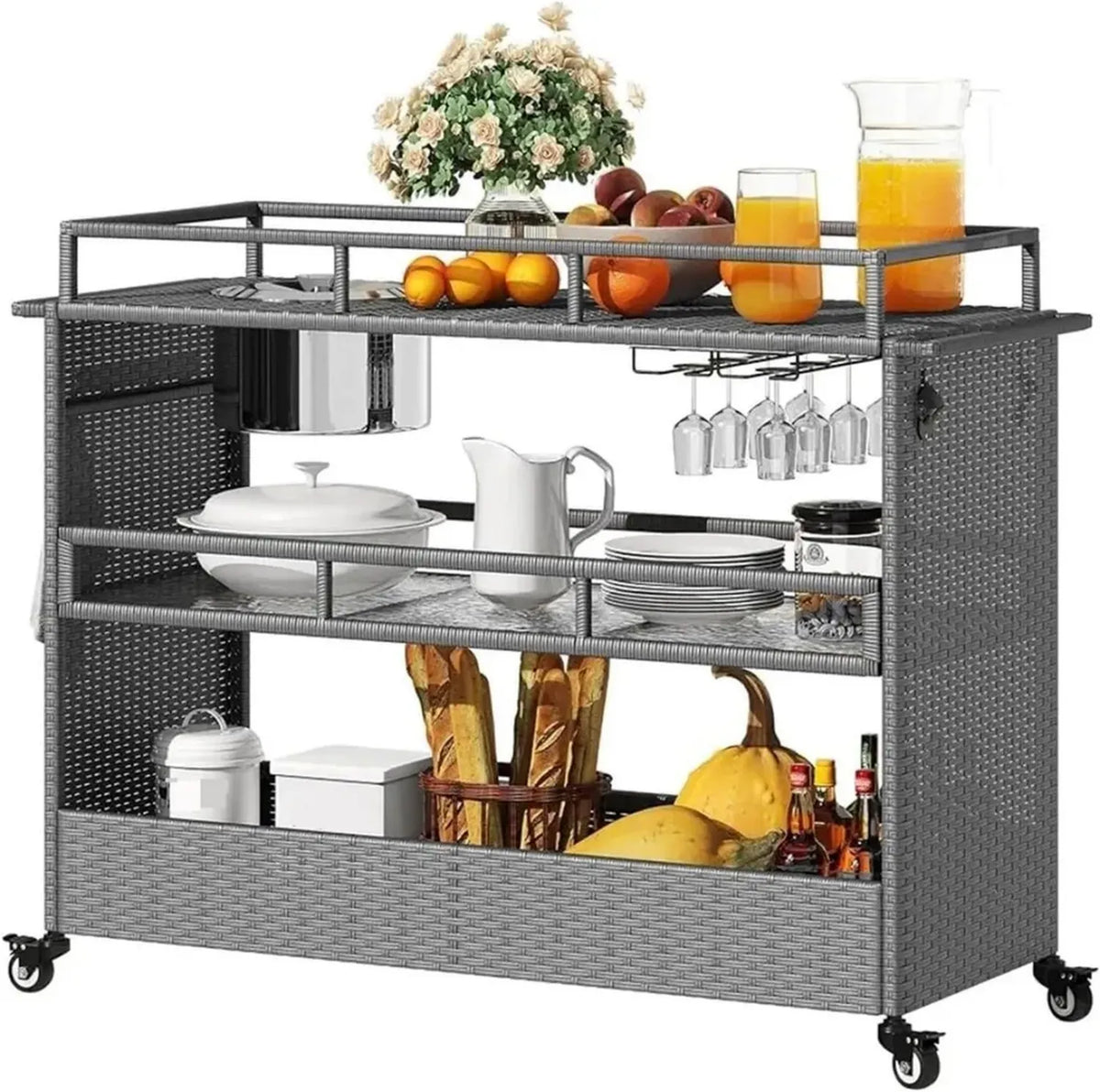 Carrello Cucina Portatile con Ruote e Piano in Rattan